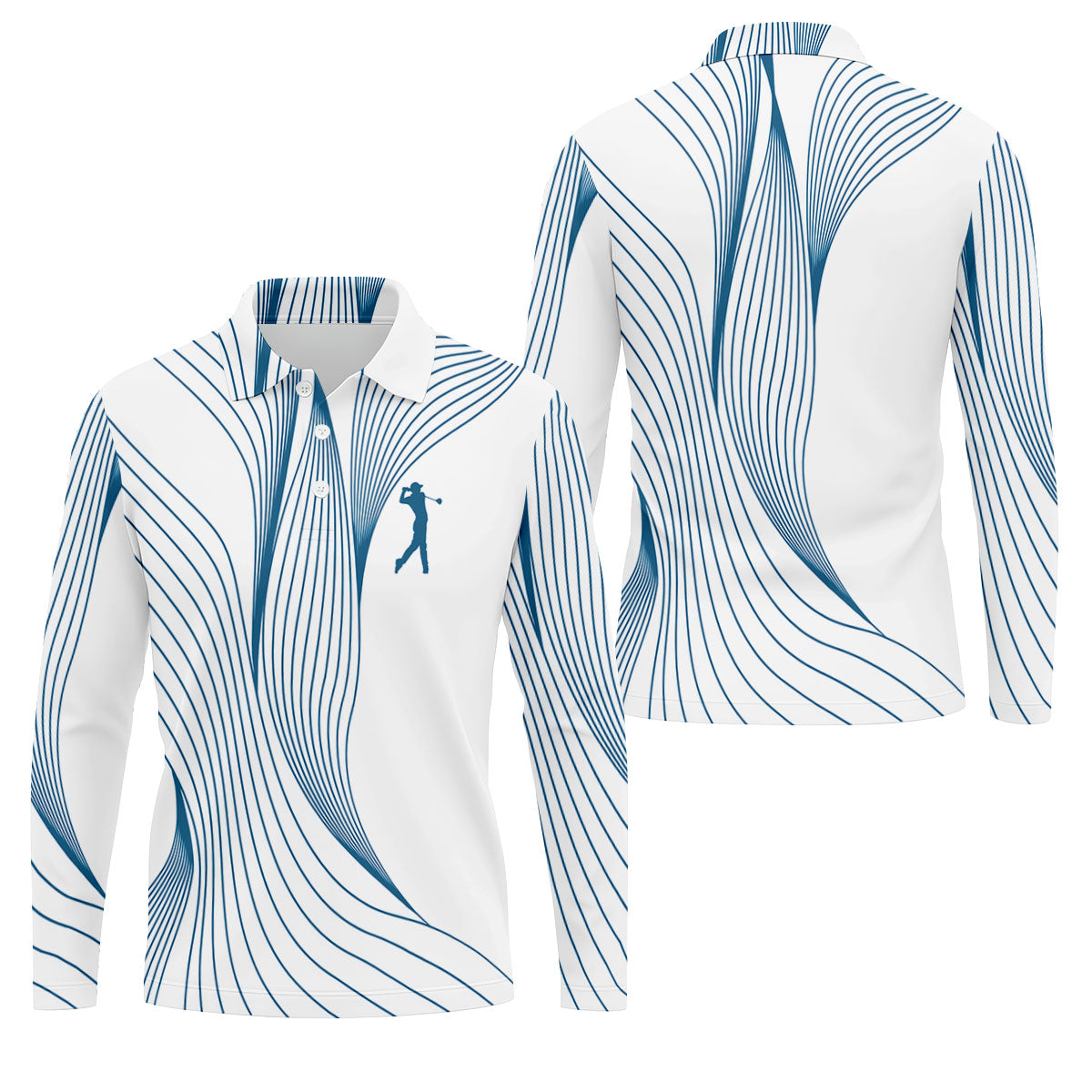 Geometric Line Wavy Line Blue And White Golf Shirts For Men, Men's Golf Shirt, Polo ShirtFor Men