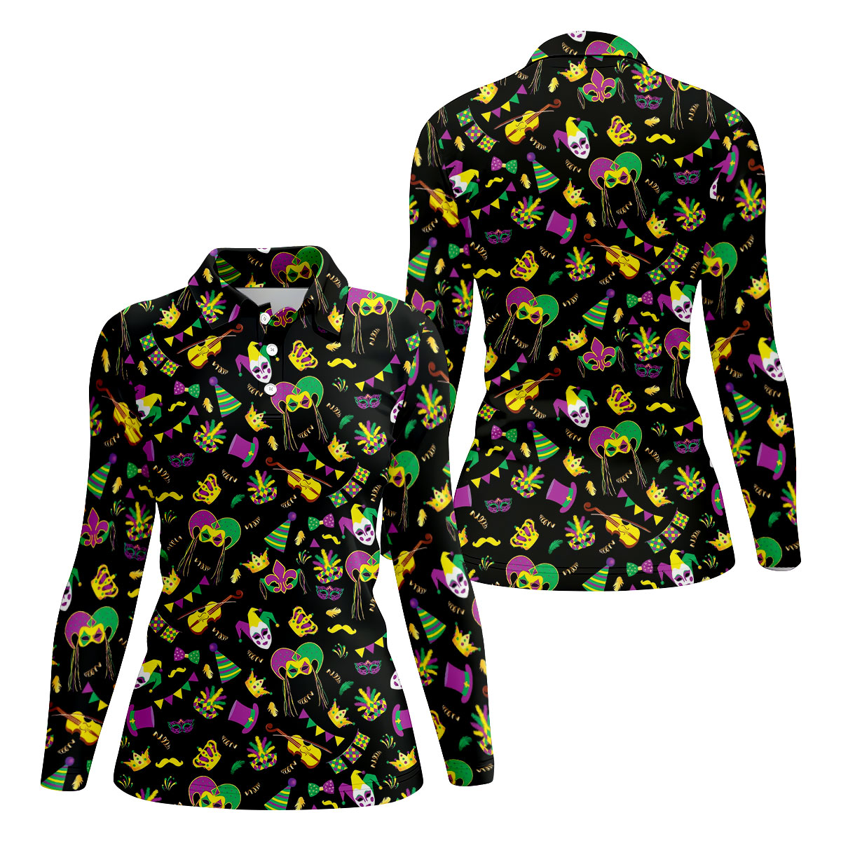 Festive Mask Purple Green Gold Mardi Gras Golf Shirt, Women's Golf Tops, Ladies Golf Polos