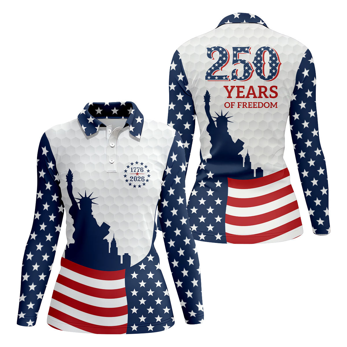 250 Years Of Freedom Golf Ball Pattern American Flag Golf Shirt, Patriotic 4th Of July Golf Shirt For Women