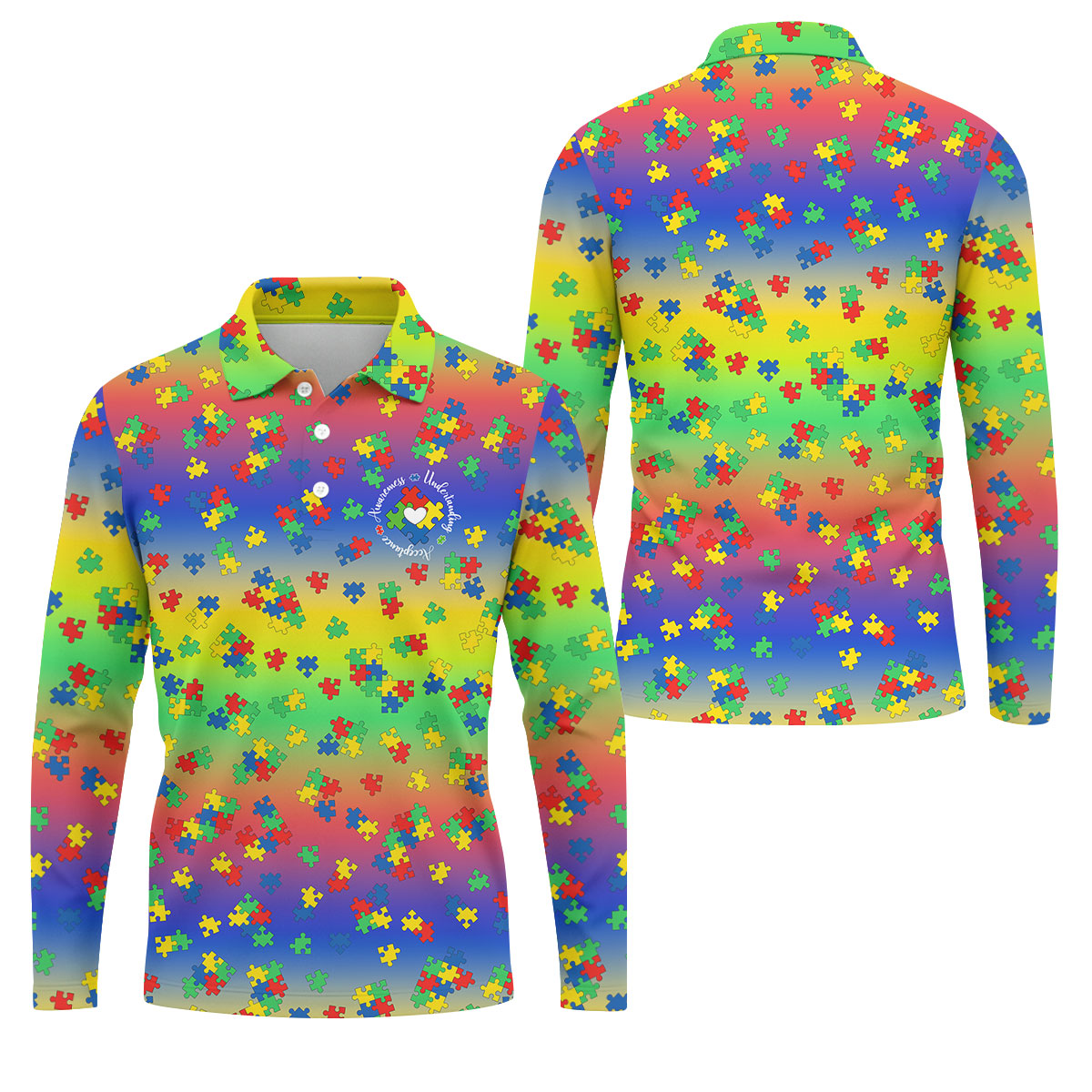 Acceptance Awareness Understanding Autism Puzzle Rainbow Gradient Golf Tops For Men, Golf Shirts For Men
