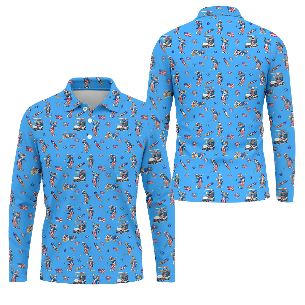 Patriotic Man Golf And Beer Funny 4th Of July Blue Golf Shirt, 250 Years Seamless Pattern Golf Shirts For Men