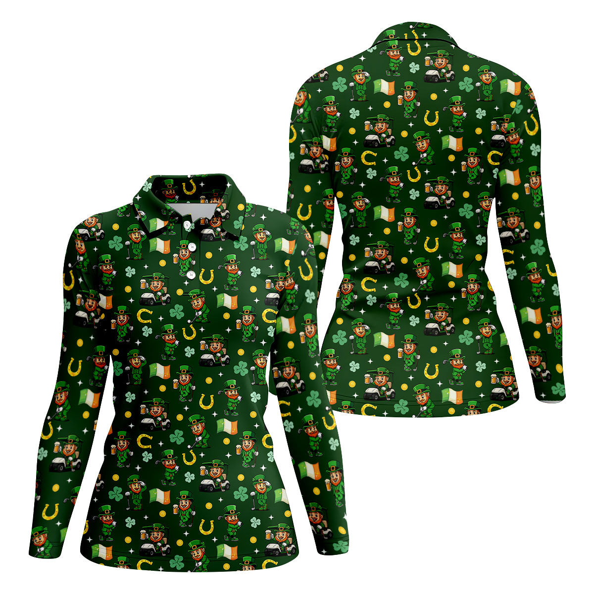 St Patrick's Day Leprechaun Golf Pose Irish Flags Shamrock Golf Shirt, Women's Golf Shirts, Ladies Golf Polos