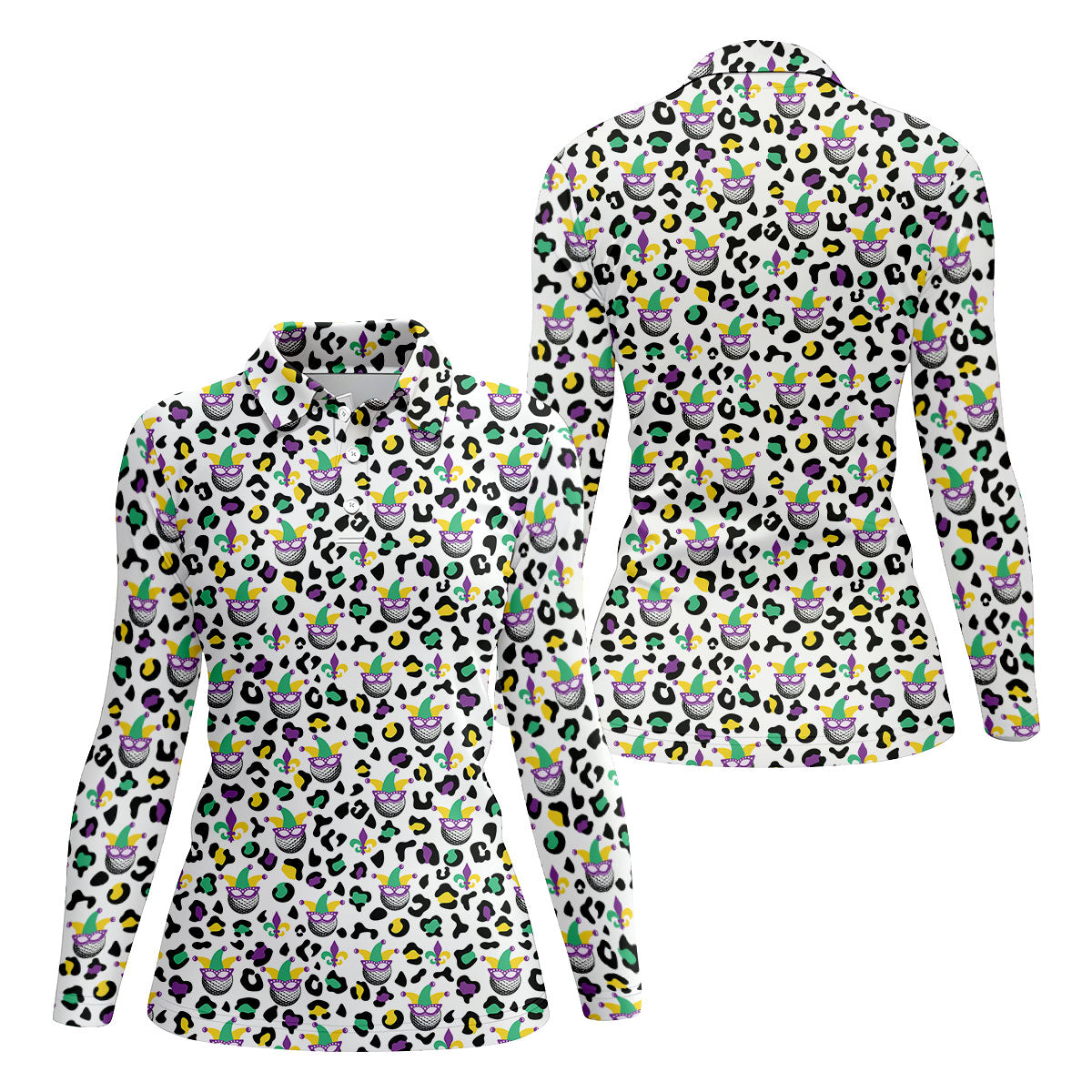Mardi Gras Mask Leopard Spots Funny Golf Ball Women's Golf Tops, Fun Women's Golf Shirts, Ladies Golf Polos