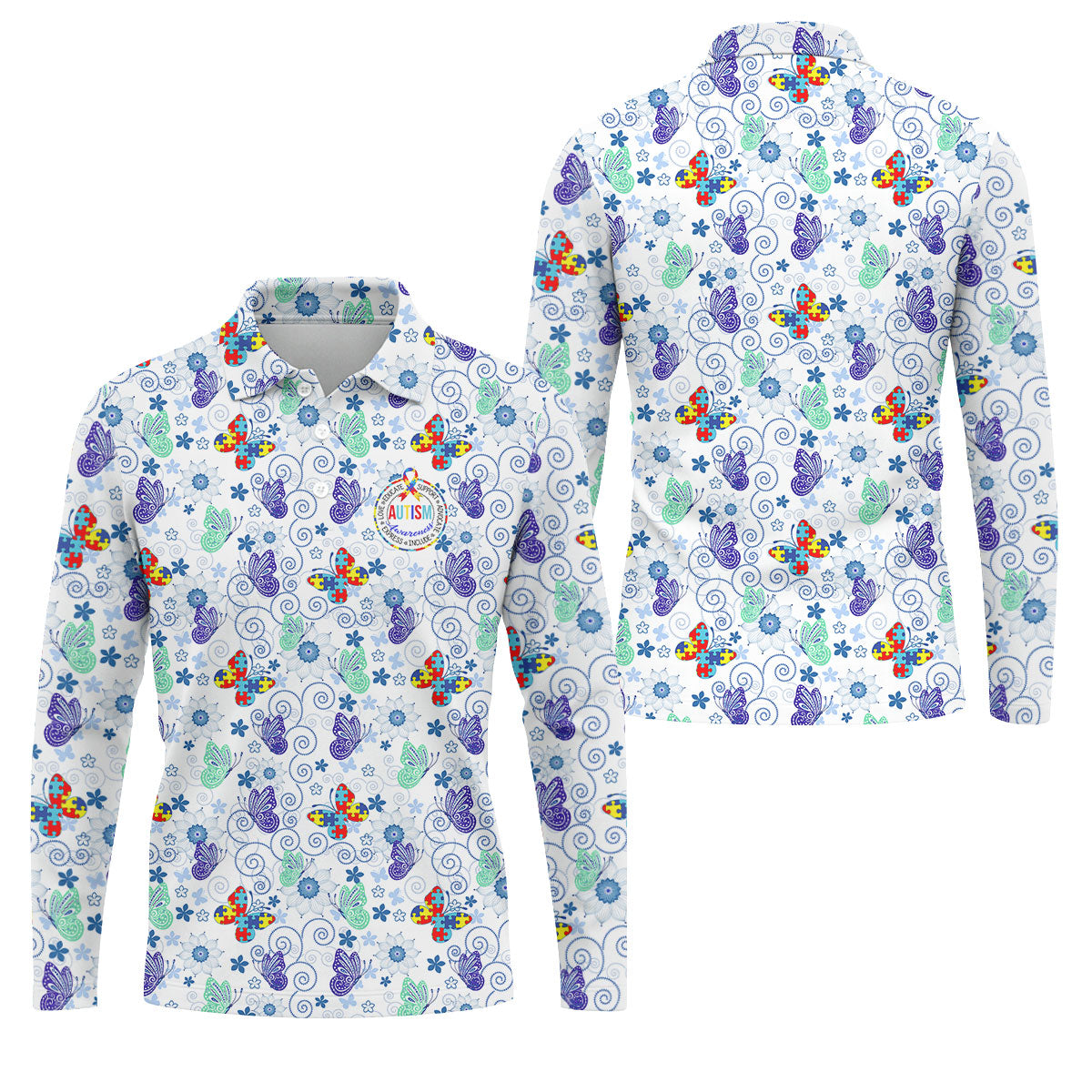 Autism Awareness Colors Puzzles Butterfly Floral Golf Shirt, Golf Tops For Men, Golf Shirts For Men