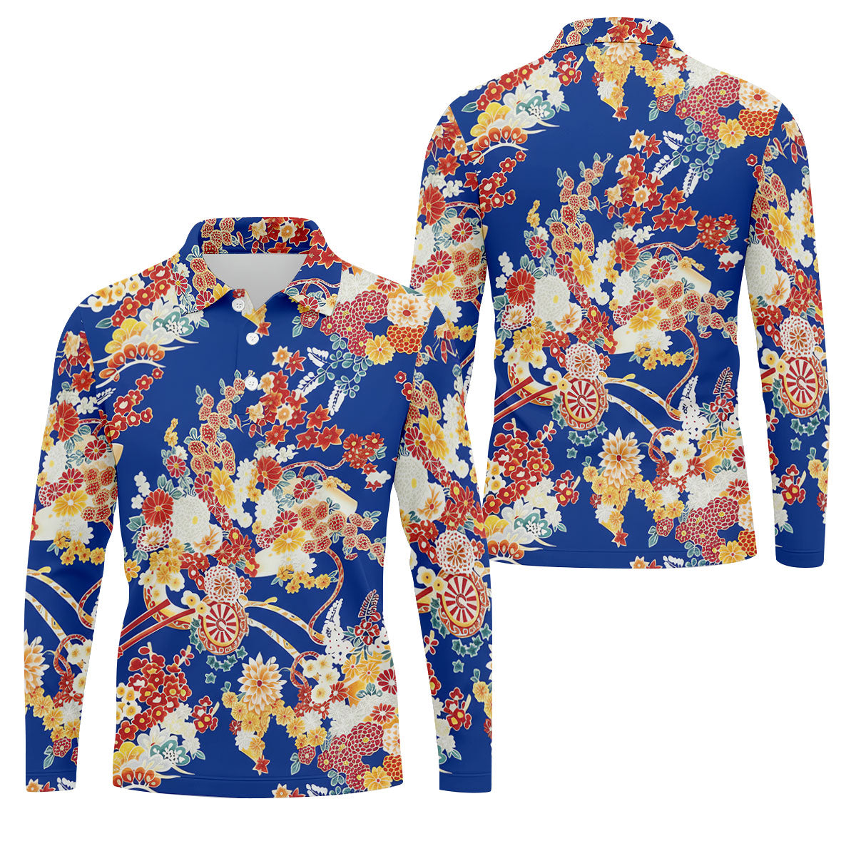 Royal Blue Japanese Floral Pattern Golf Shirt, Mens Golf Apparel, Printed Golf Shirts