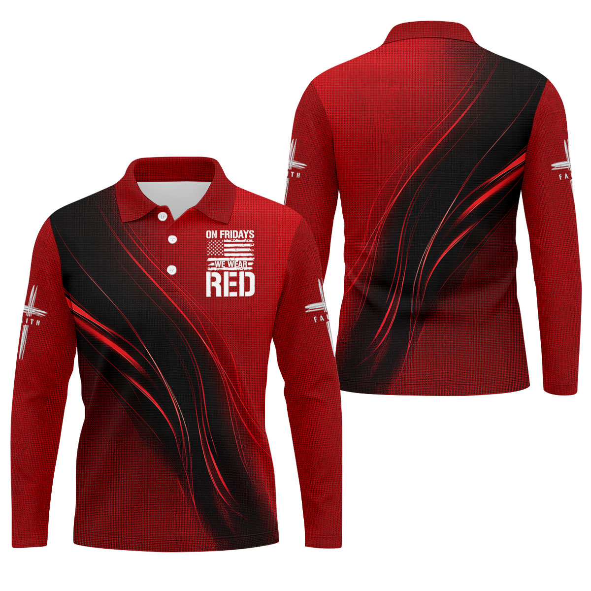 On Friday We Wear Red Faith Cross Red Black Gradient Patriotic Golf Shirt, 250 Years Polo Shirt Men