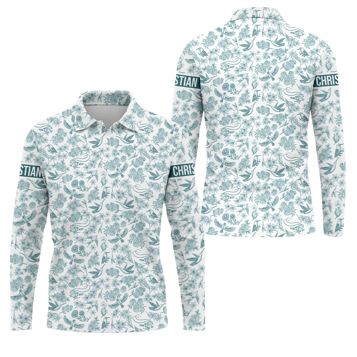 Custom Name Toile de Jouy Birds And Flowers Teal And White Polo ShirtFor Men, Golf Gift For Men
