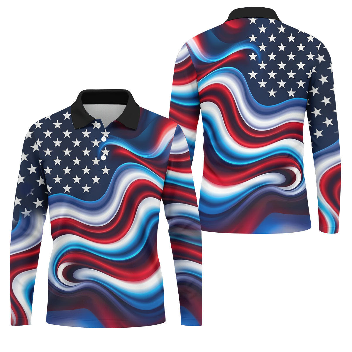 Star Pattern Red White Blue Wavy Stripes 250th Anniversary, Patriotic 4th Of July Golf Shirts For Men