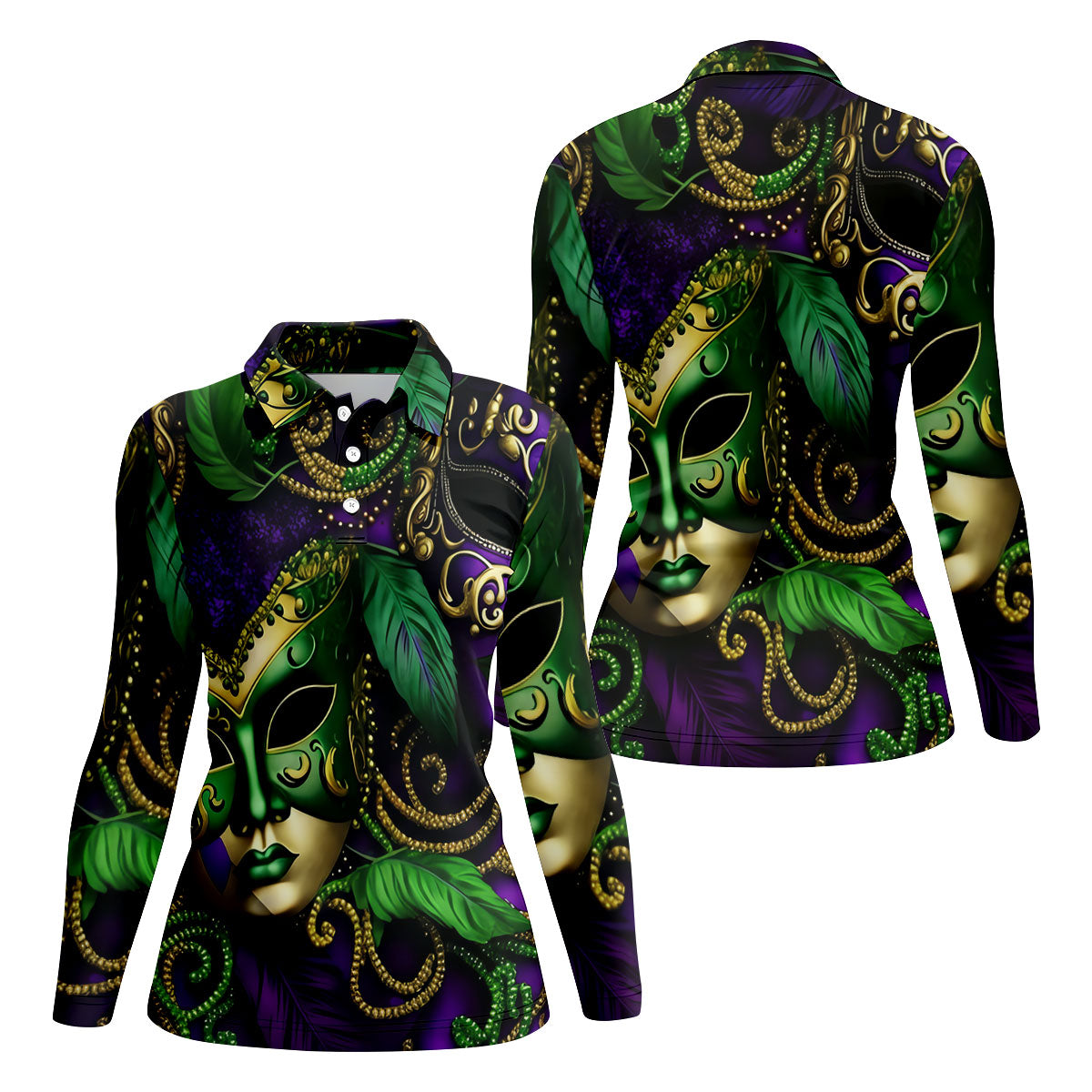 Purple Green Gold Carnival Mask Feather Print Mardi Gras Golf Shirt, Women's Golf Tops, Ladies Golf Shirts