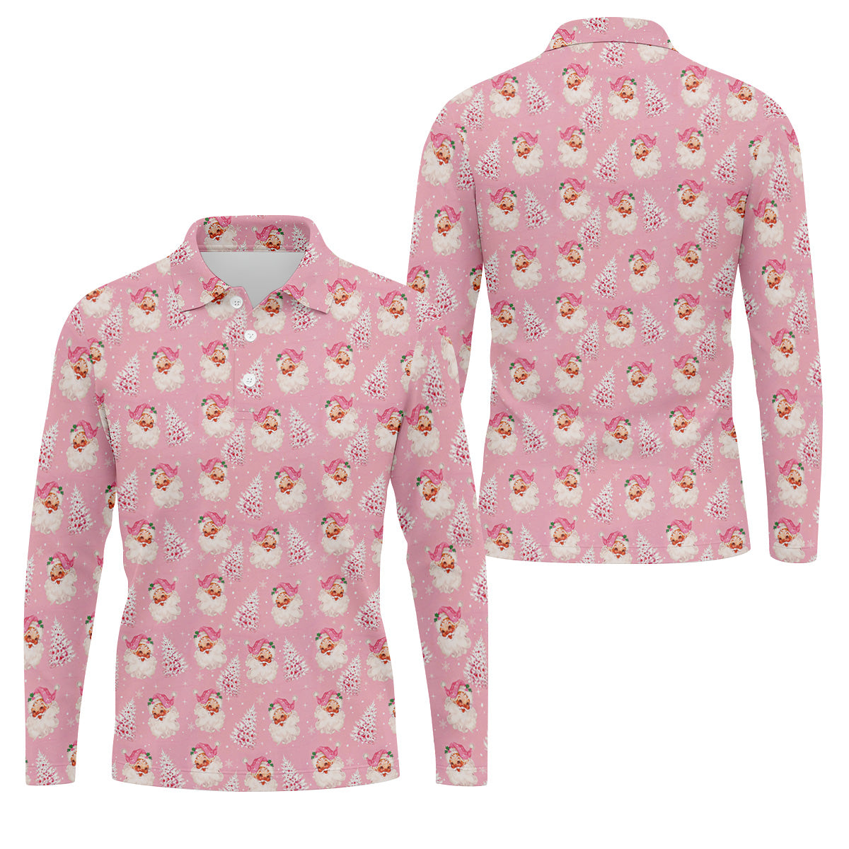 Pink Xmas Tree Santa Claus Pattern Christmas Golf Shirt, Polo Shirt Men, Golf Gift For Men