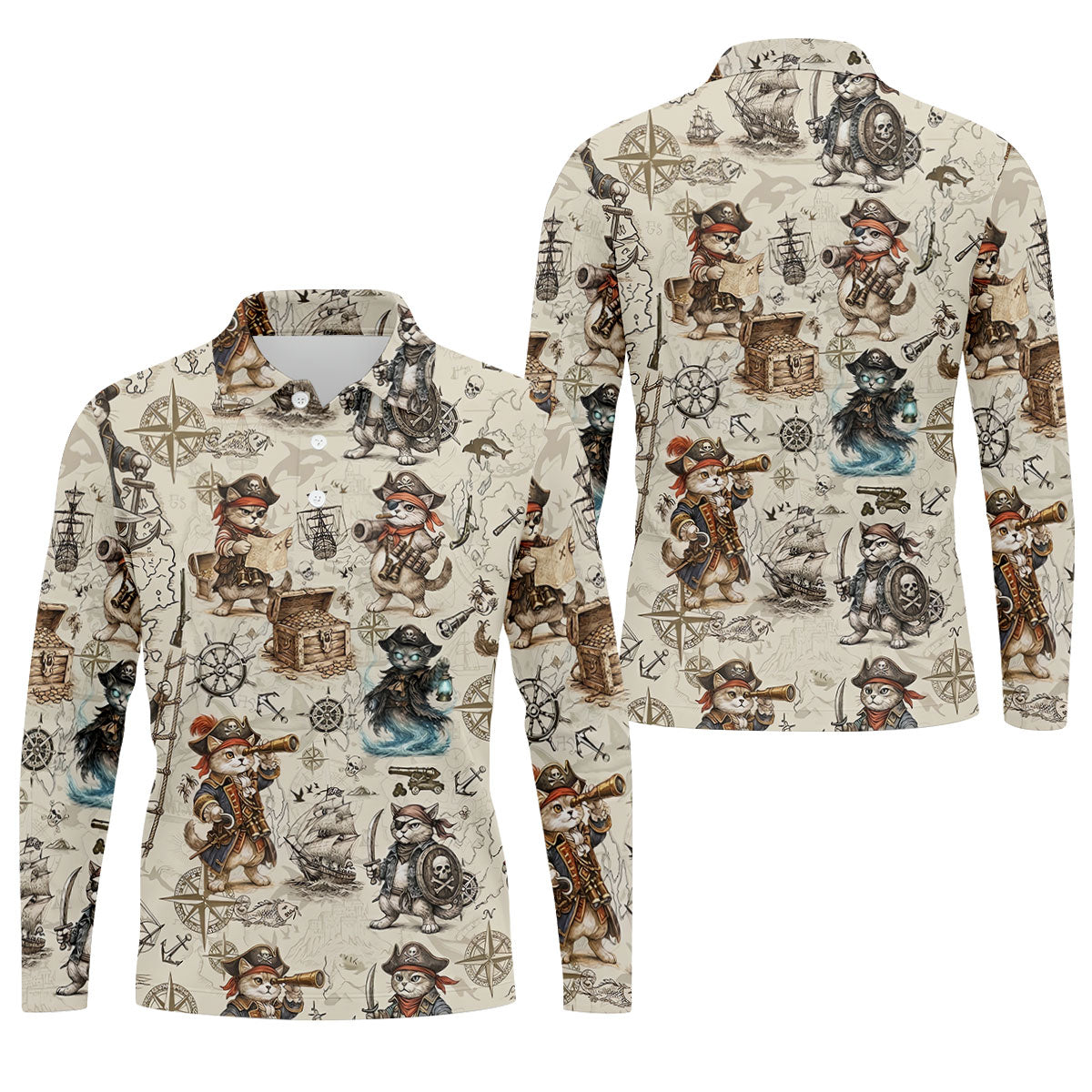 Vintage Pirate Cat Treasure Map Adventure Golf Shirt, Mens Polo Shirt, Hawaiian Golf Shirt, Golf Shirts For Men