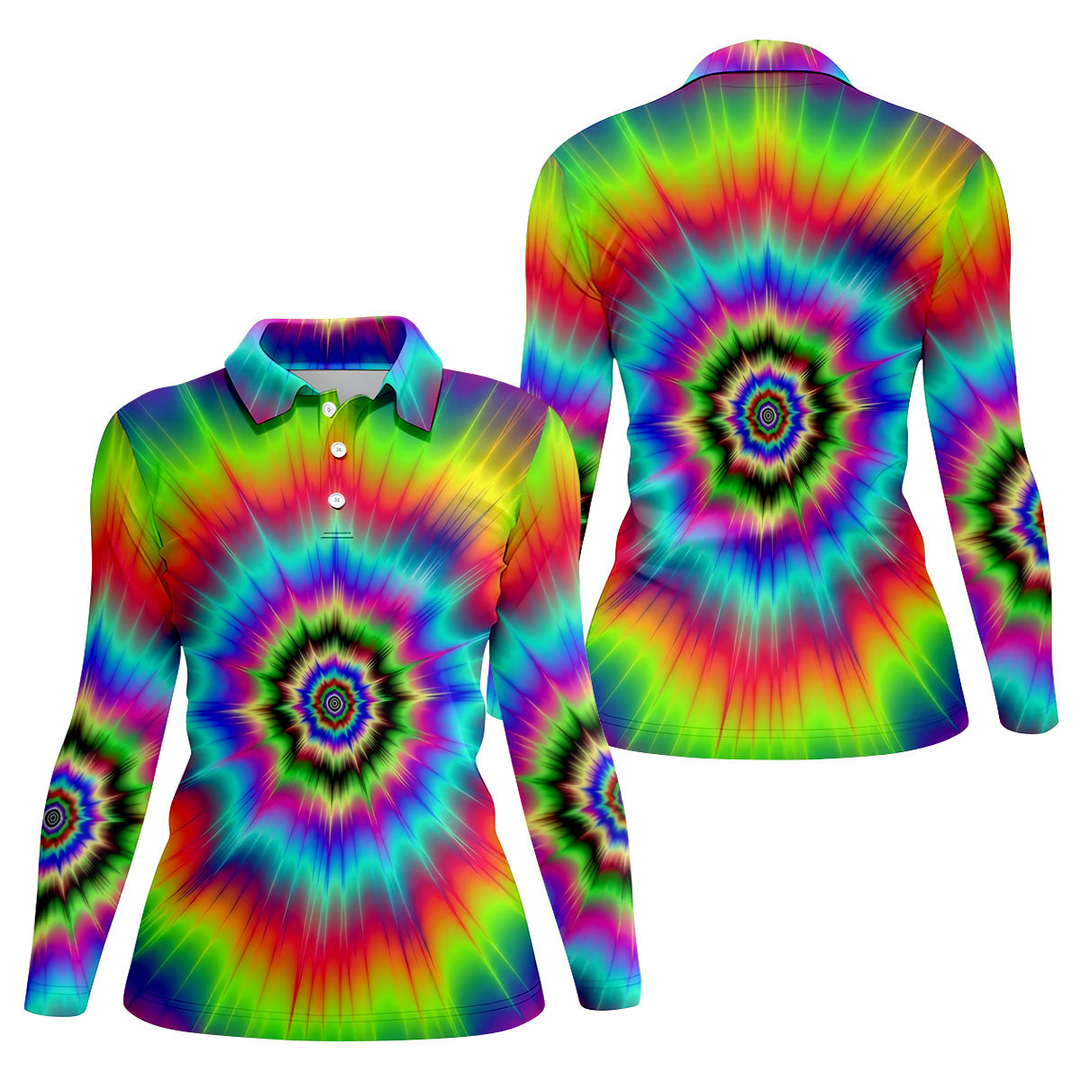 Rainbow Tie Dye Golf Shirt, Psychedelic Spiral Burst Pattern, Golf Shirt For Women