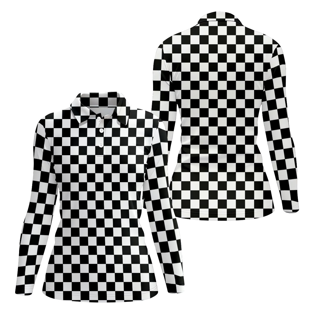 Black White Checkerboard Racing Pattern Golf Shirt, Ladies Golf Shirts, Golf Polo For Women, Performance Golf Shirt