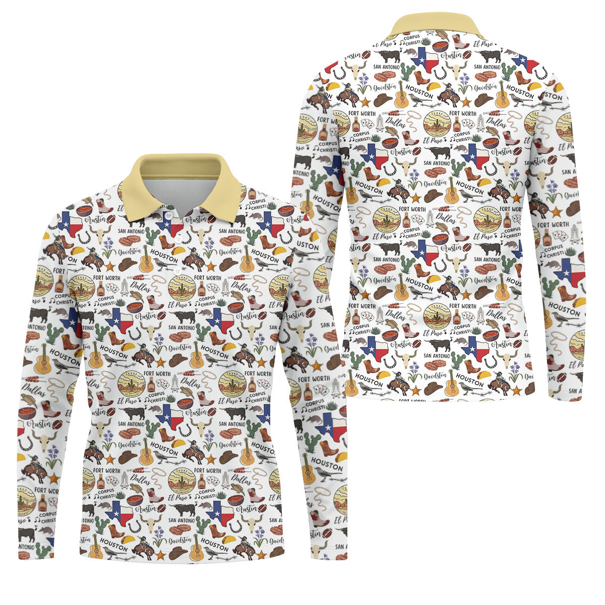 Texas Symbols Western Theme Doodle Style Golf Tops For Men, Polo Shirtor Men, Golf Shirts For Men