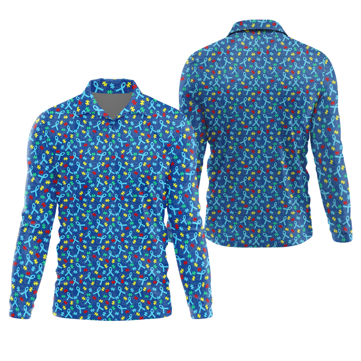 Autism Awareness Ribbon And Colorful Puzzles Blue Golf Shirt, Golf Shirts For Men, Polo ShirtFor Men