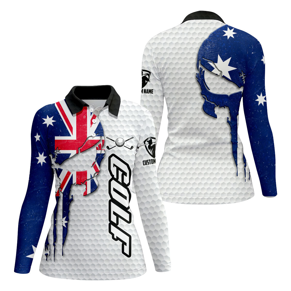 Cool Skull Golf Ball Pattern Australia Flag Print White Golf Shirt, Golf Shirt For Women