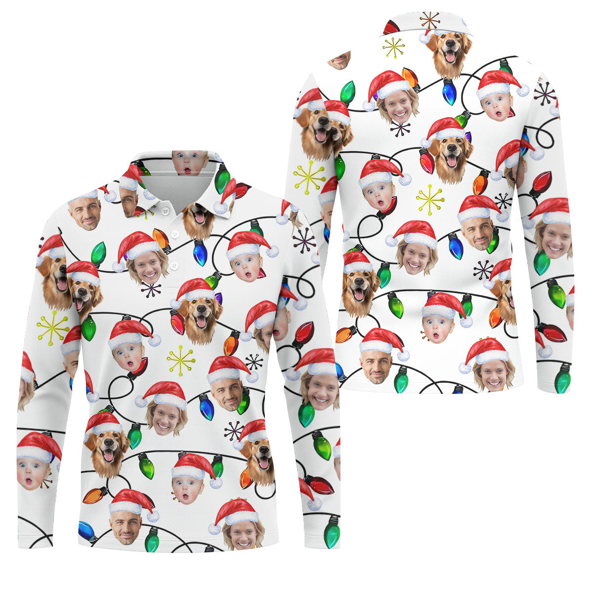 Custom Family Portrait Christmas Lights Pattern Men's Golf Polo Shirtristmas Golf Shirt, Golf Gift For Men
