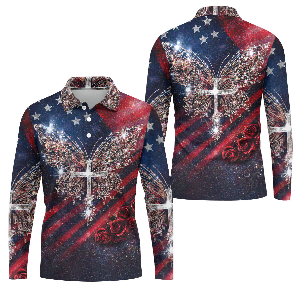 Faith Cross Shimmering Butterfly 250th Anniversary Golf Tops For Men, Patriotic 4th Of July Golf Shirts For Men