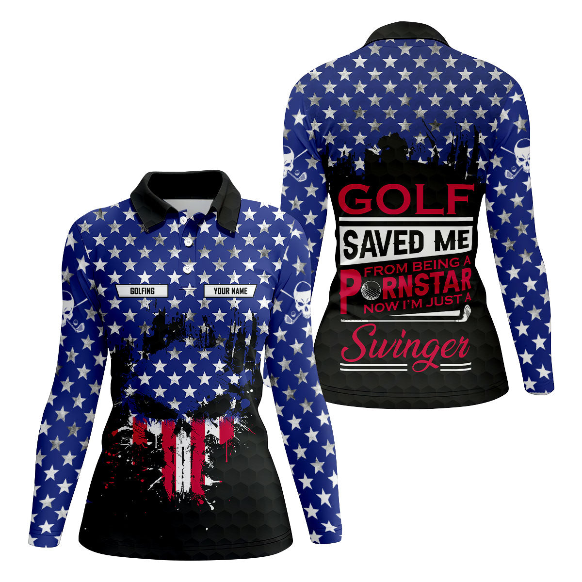 Golf Saved Me From Being A Pornstar Distressed American Flag Skull Golf Shirt, 250 Years Golf Shirt For Women