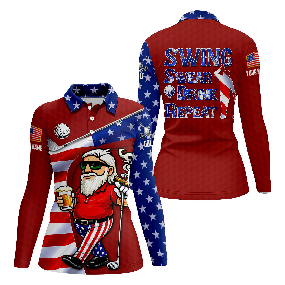 Swing Swear Drink Repeat Golf And Beer Patriotic Man 4th Of July Red Golf Shirt, 250 Years Women's Golf Tops