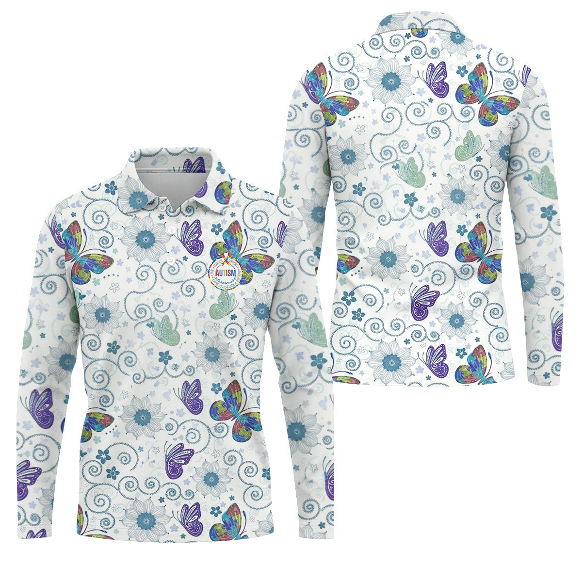 Autism Awareness Flower And Butterfly Puzzle Ribbon Men's Golf Shirt, Polo ShirtFor Men