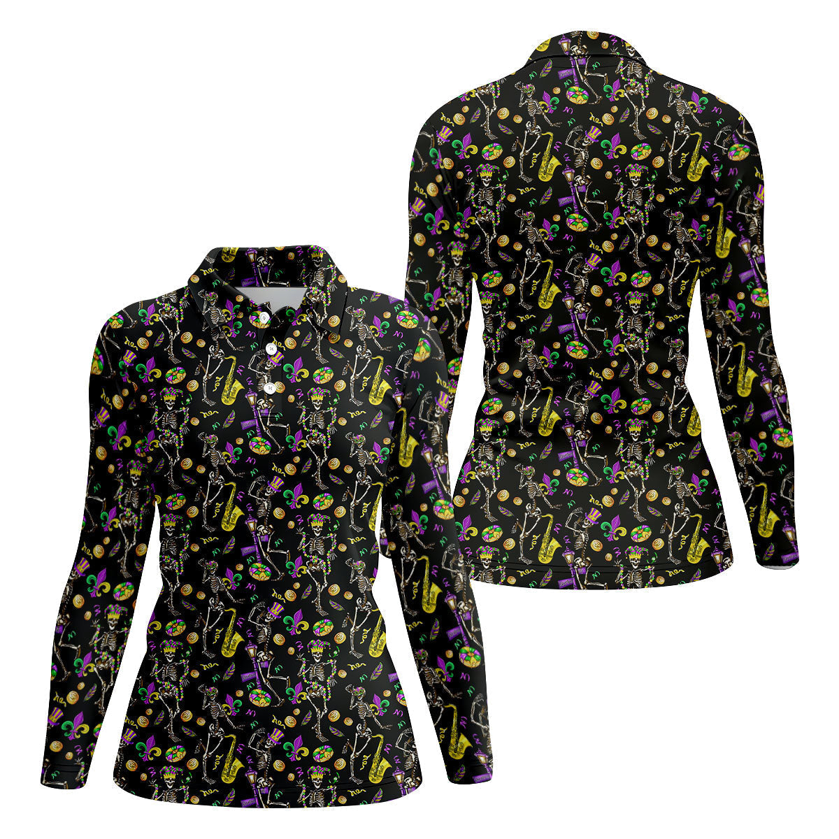 Dancing Skeleton Mardi Gras Fleur De Lis Black Golf Shirt, Women's Golf Tops, Ladies Golf Polos
