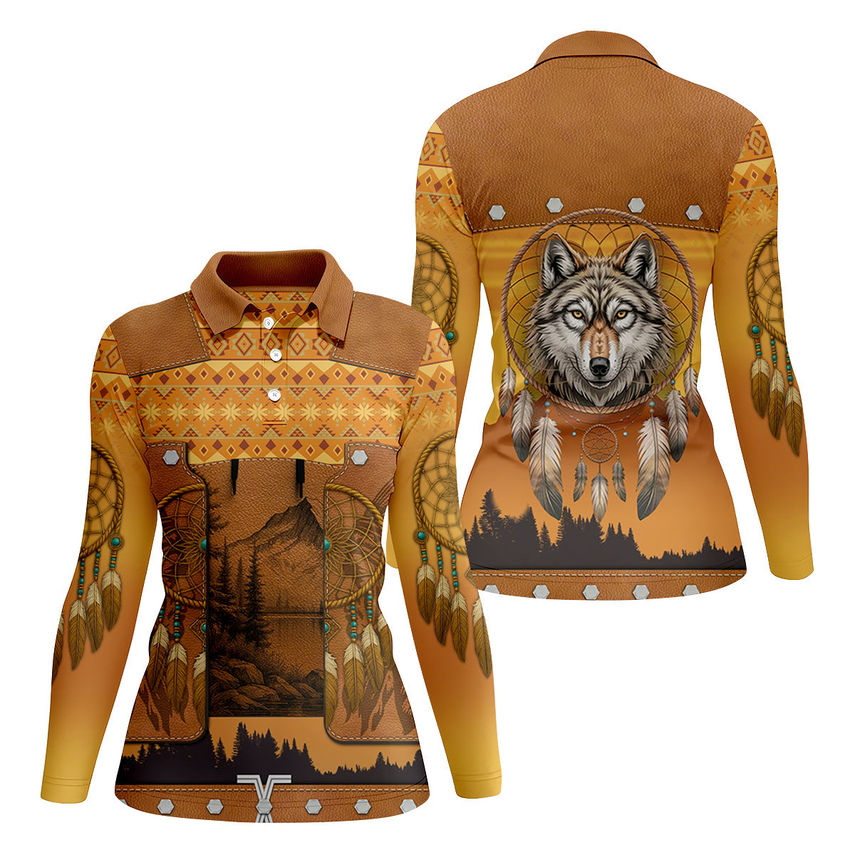 Golden Horizon Tribal Theme Women's Golf Tops, Native American Ancestry Ladies Golf Polos, Indigenous Peoples Month