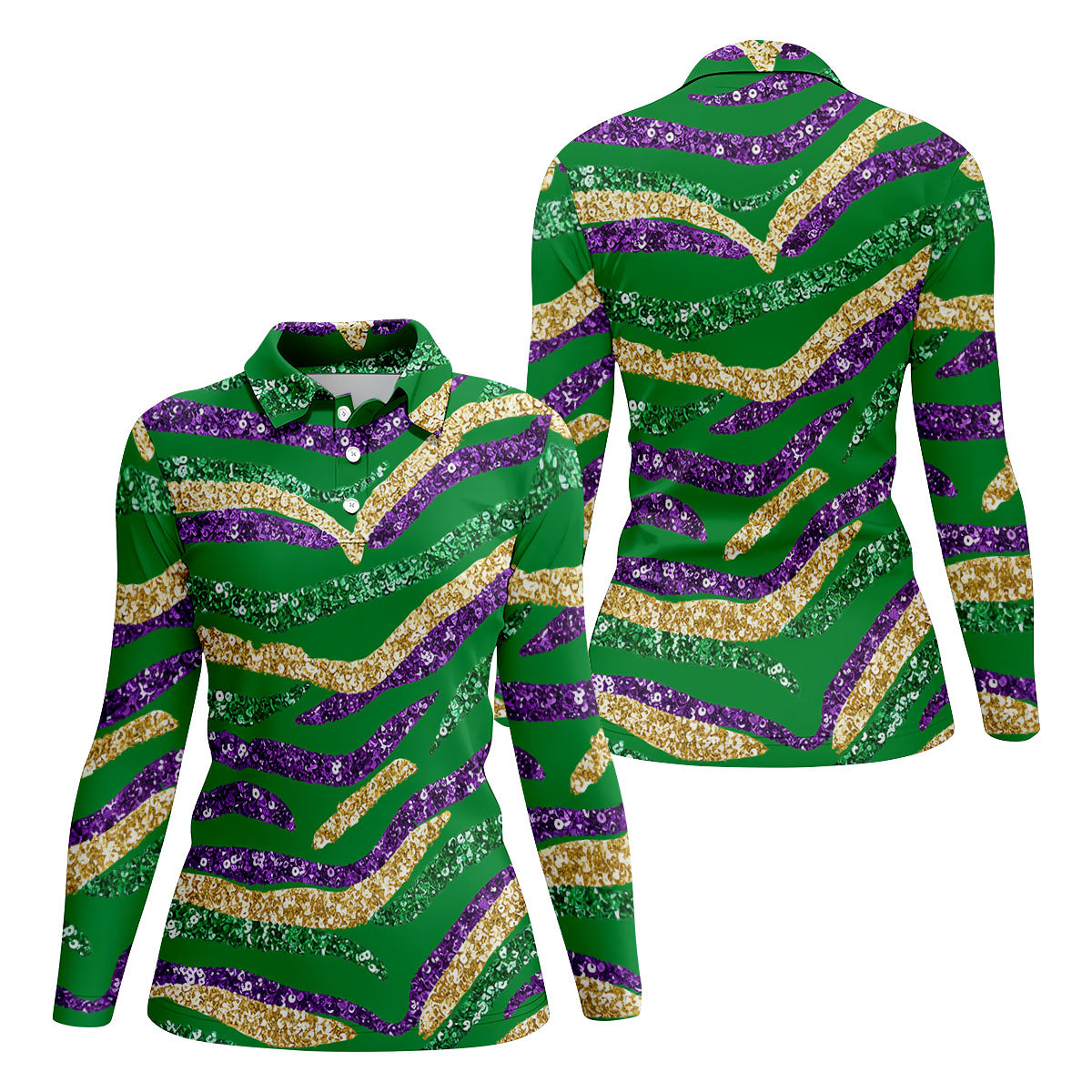 Purple Green Gold Sequin Pattern Green Golf Shirt, Mardi Gras Golf Shirt, Women's Golf Tops, Ladies Golf Shirts
