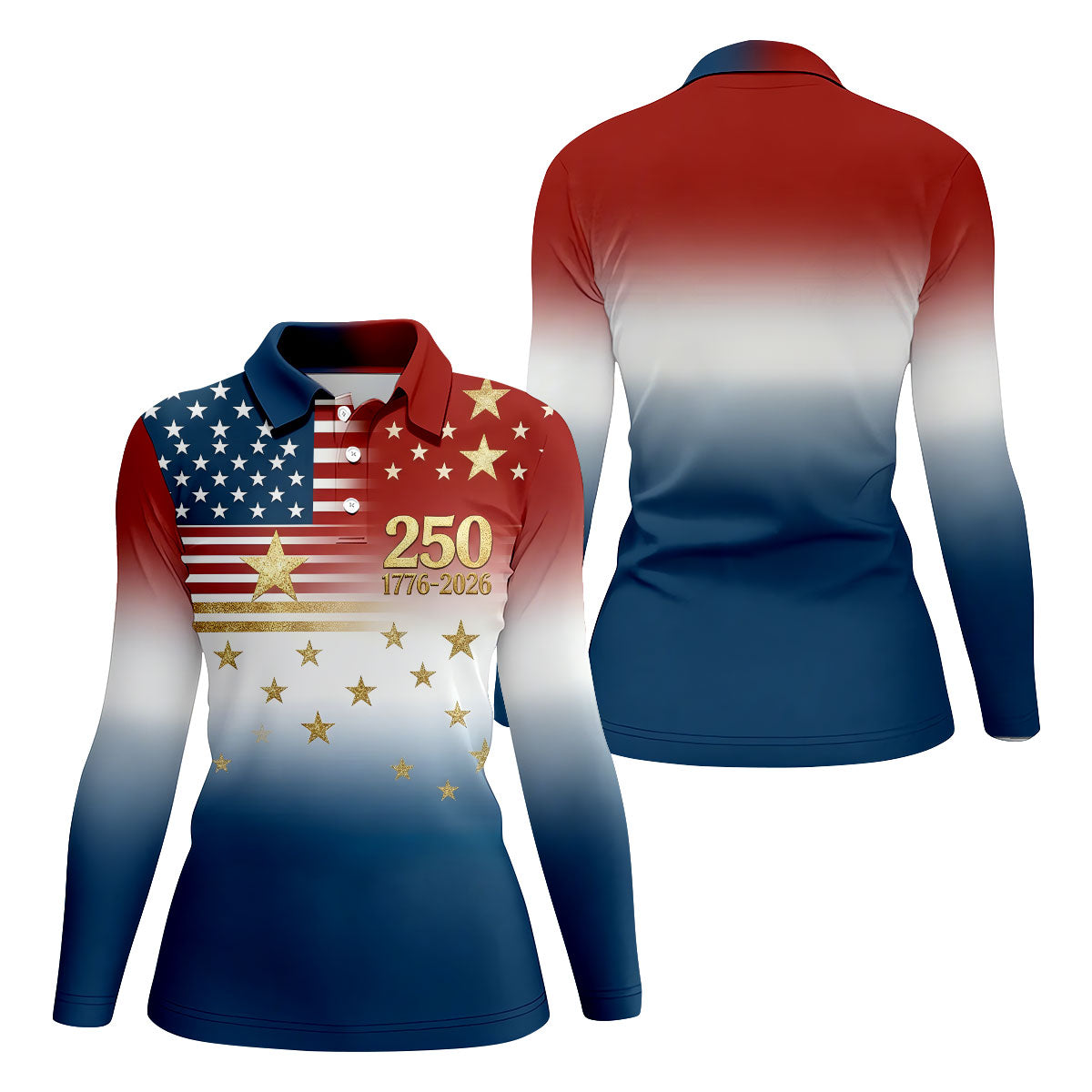 250 Years 1776-2026 Golden Star Golf Shirt For Women, Patriotic 4th Of July Ladies Golf Shirts