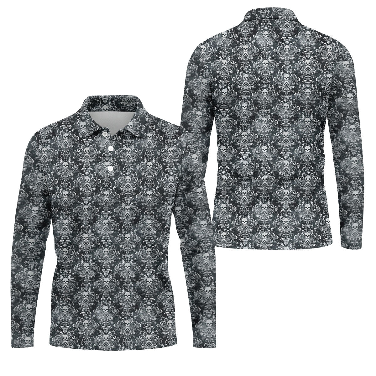 Skull Damask Charcoal Grey Gothic Floral Golf Tops For Men, Polo Shirtor Men, Golf Shirts For Men