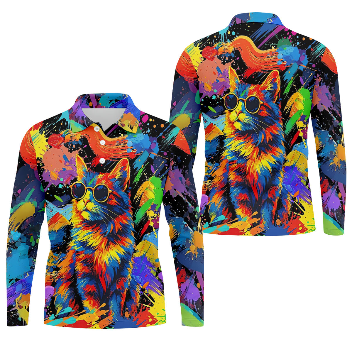 Colorful Cat Sunglasses Paint Splash Golf Shirt, Men's Golf Shirt, Golf Apparel For Men