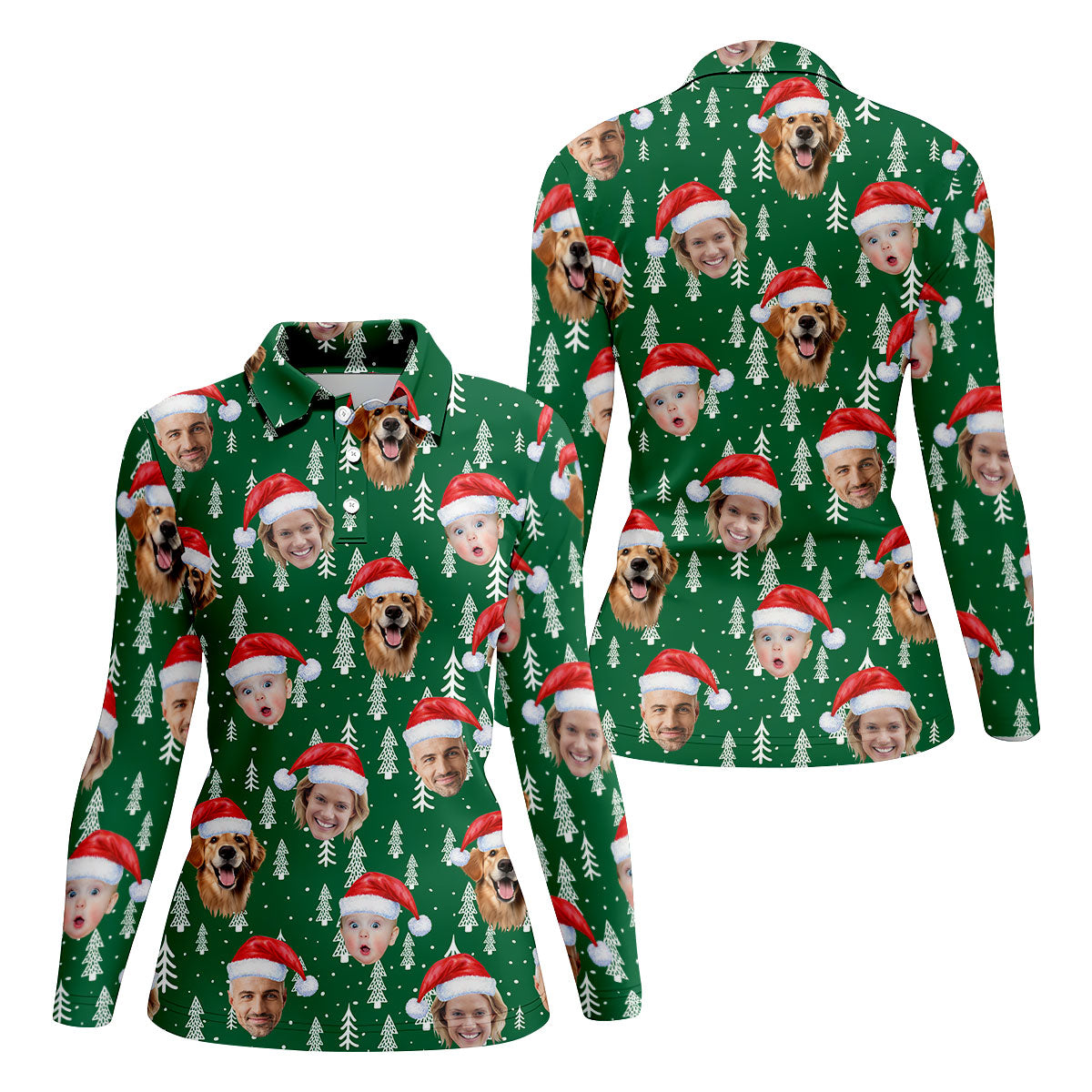 Custom Face Snow Pine Tree Green Golf Shirt, Christmas Golf Shirt, Women's Golf Tops, Golf Gift For Ladies