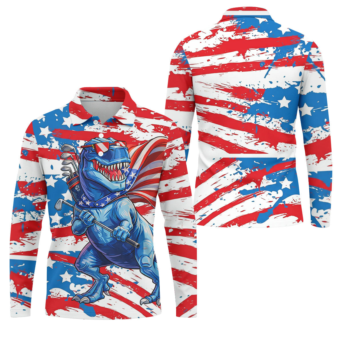 Funny Dinosaur USA Flag Print 250 Years Anniversary Golf Tops For Men, 4th Of July Patriotic Golf Shirt