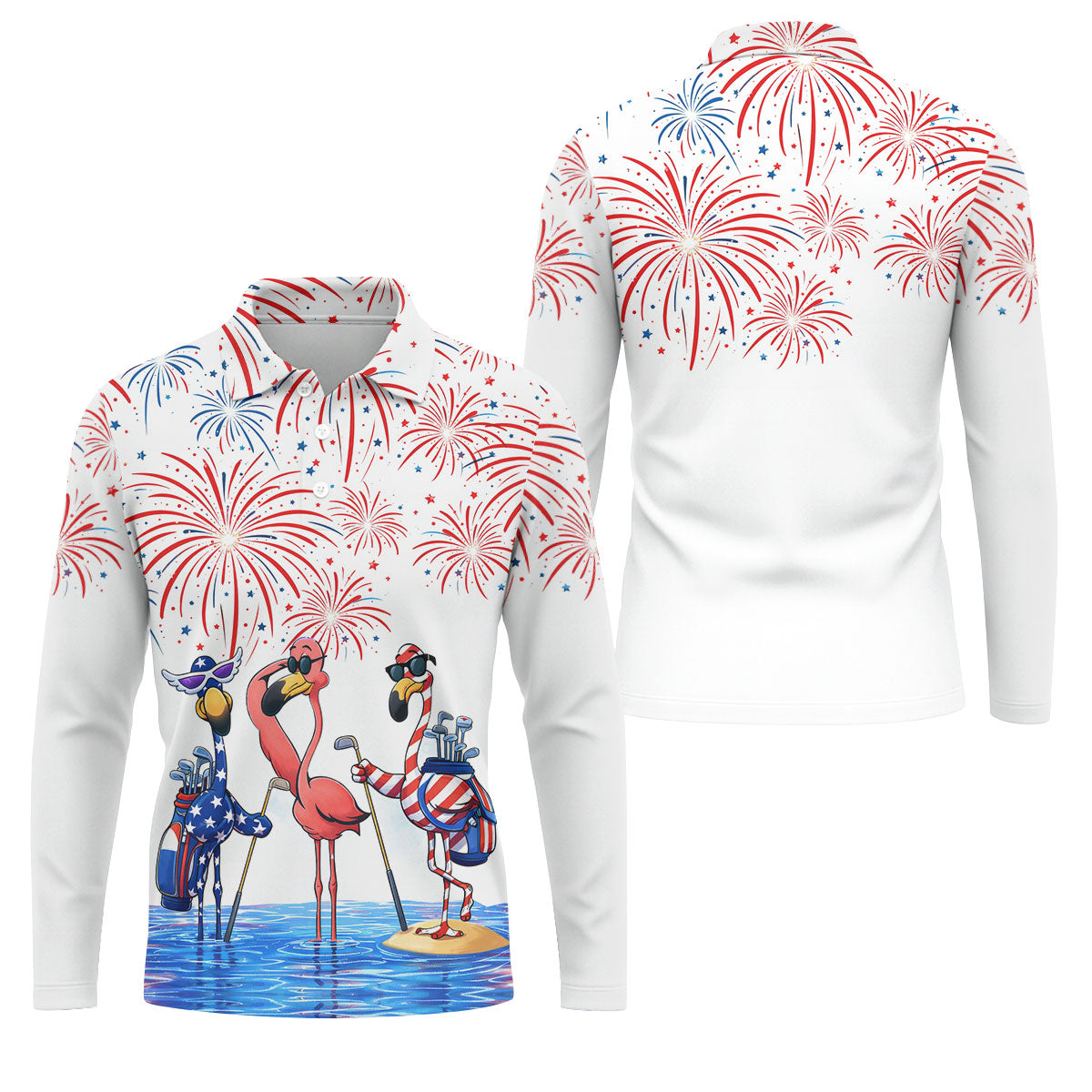 Funny Flamingo American Flag Pattern White Golf Shirt, 250th Anniversary Patriotic Golf Shirt, Golf Shirts For Men