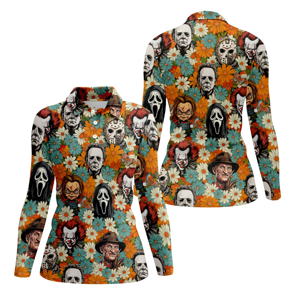 Floral Horror Character Halloween Golf Shirt, Women's Golf Apparel, Printed Golf Shirt