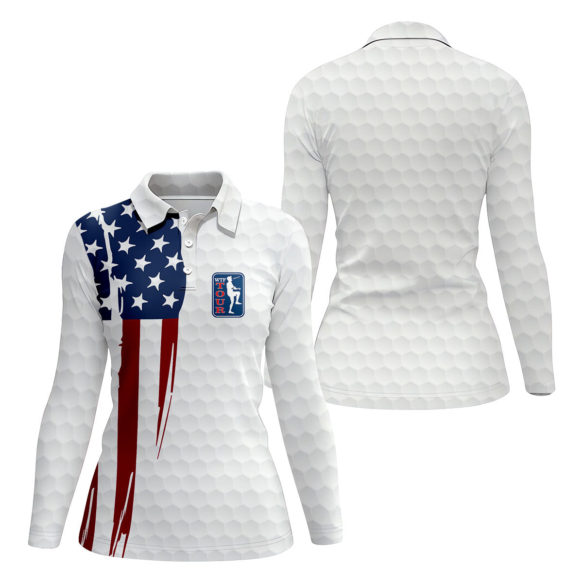 Golf Ball Pattern WTF Tour US Flag 4th Of July Patriotic Golf Shirt, 250th Anniversary Ladies Golf Shirts