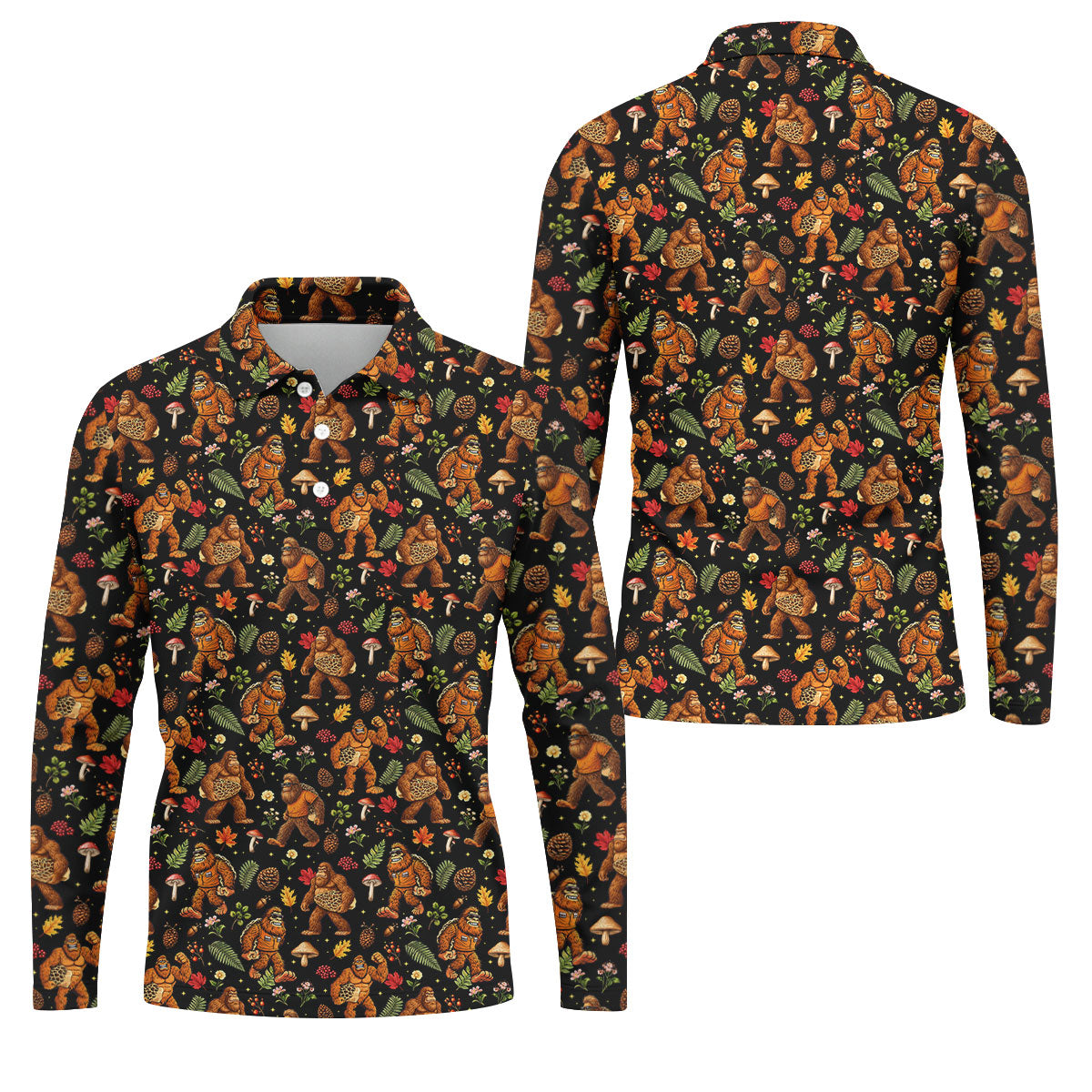 Autumn Bigfoot Forest Pattern Polo Shirt, Mens Golf Apparel, Hawaiian Golf Shirt, Printed Golf Shirts