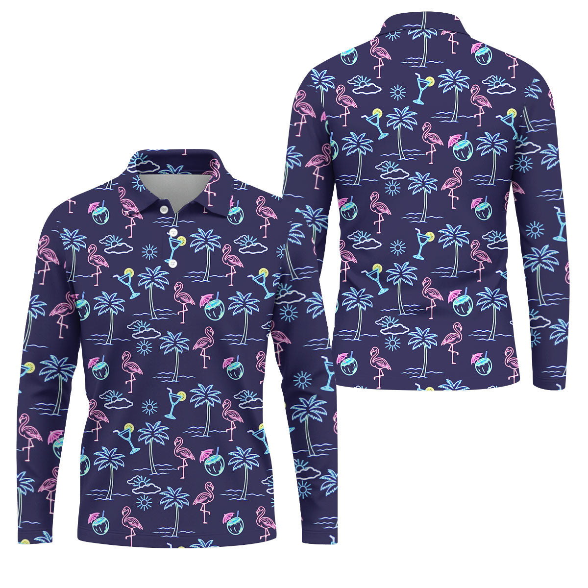 Neon Line Tropical Flamingo Hawaiian Golf Shirt, Polo Shirtor Men, Golfing Apparel