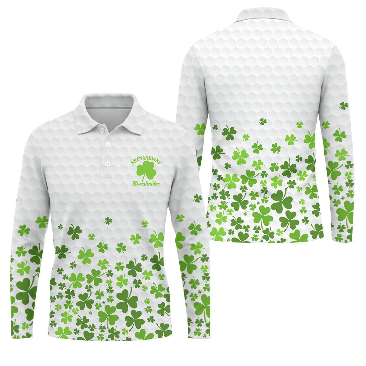 Shenanigans Coordinator Golf Ball Pattern St Patrick Day White Golf Shirt, Golf Tops For Men, Golf Shirts For Men