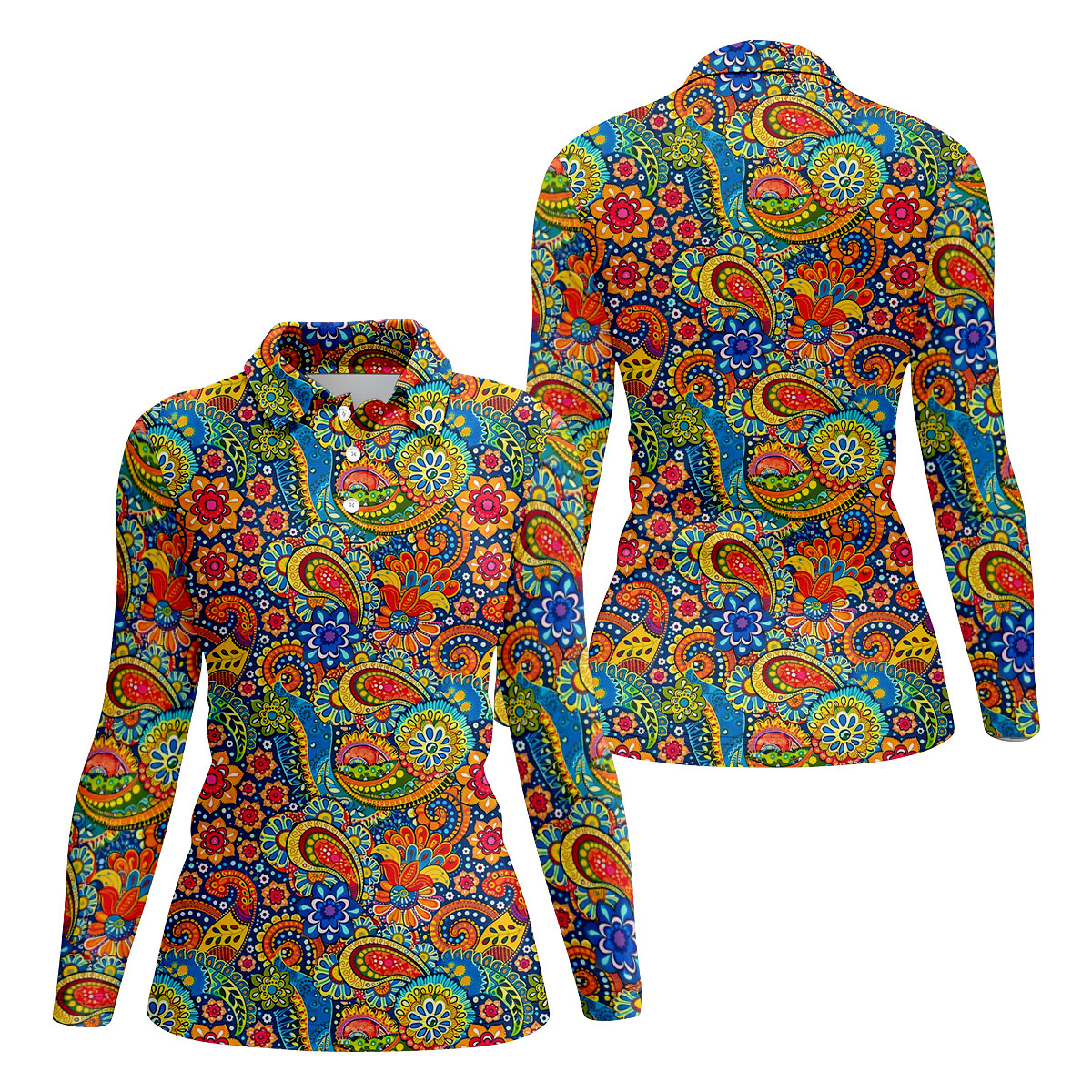 Colorful Floral Paisley Pattern Polo Shirt, Golf Tops For Women, Hawaiian Golf Shirt, Women’s Golf Apparel
