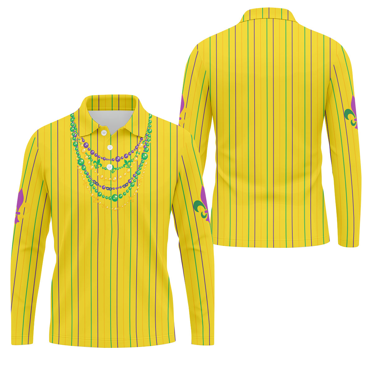 Mardi Gras Beads Necklaces Print Yellow Golf Shirt, Golf Tops For Men, Polo ShirtFor Men, Golf Shirts For Men