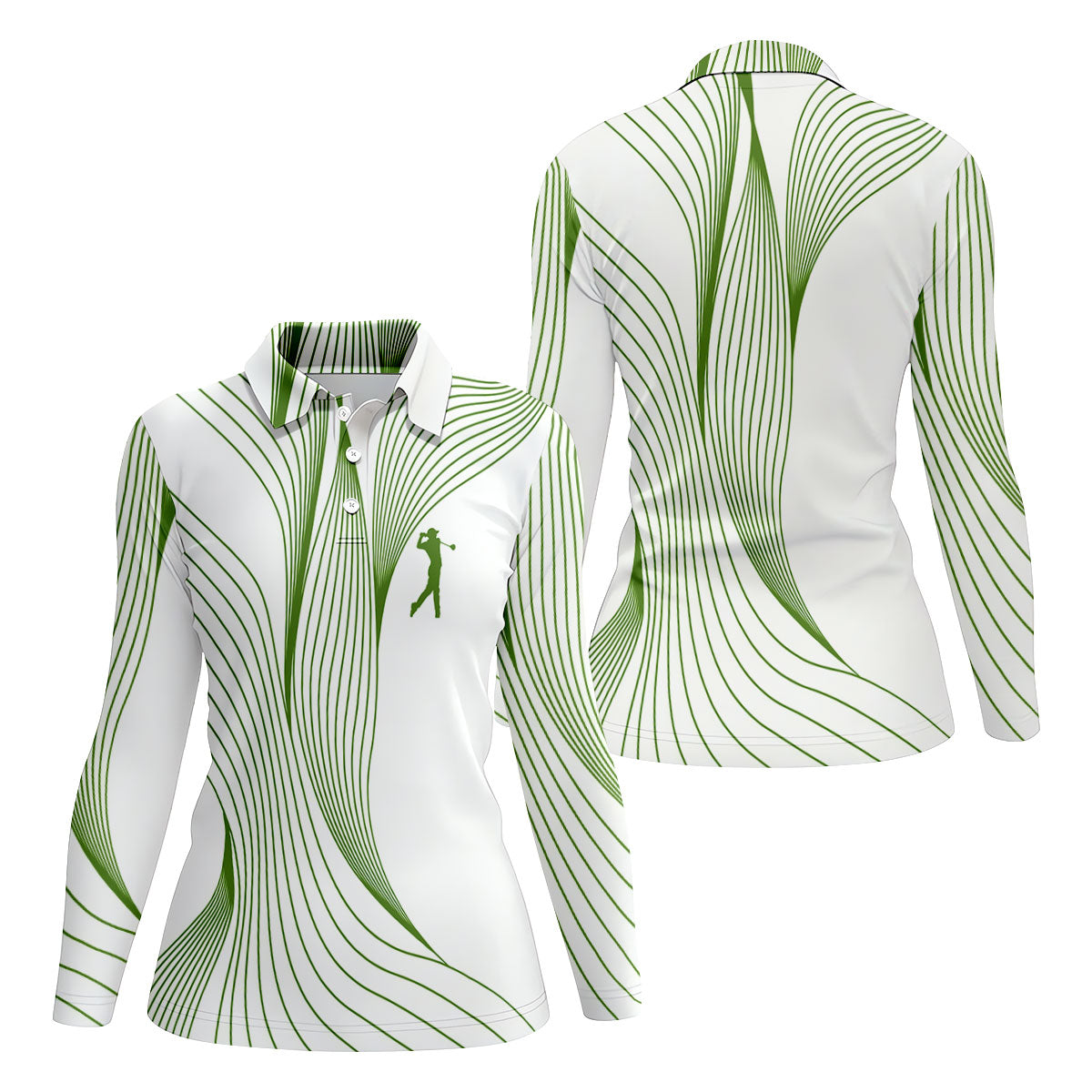Geometric Line Wavy Line Green And White Women's Golf Tops, Ladies Golf Shirts, Women's Polo Shirt