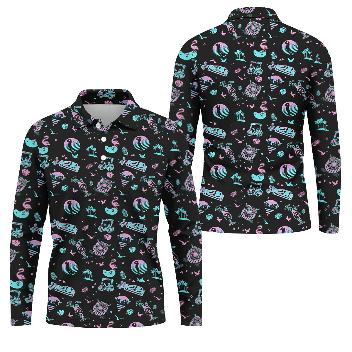 Flamingo Tropical Gradient Colors Retro Golf Shirt, Golf Tops For Men, Golf Shirts For Men