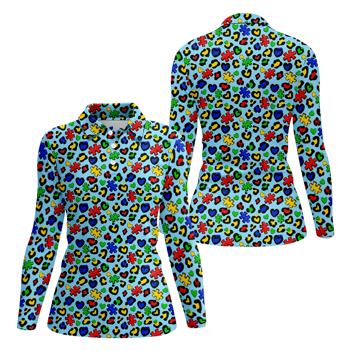 Autism Awareness Color Leopard Pattern Blue Golf Shirt, Women's Golf Tops, Ladies Golf Shirts, Ladies Golf Polos