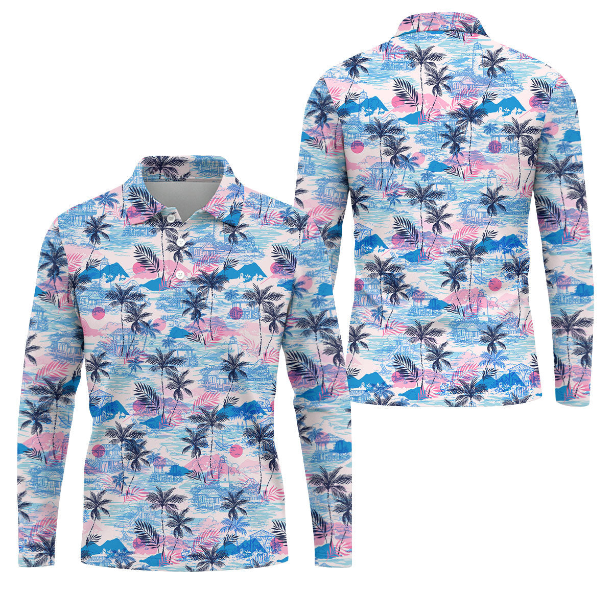 Tropical Island Sunset Pink And Blue Hawaiian Golf Shirt, Polo Shirtor Men, Golfing Apparel