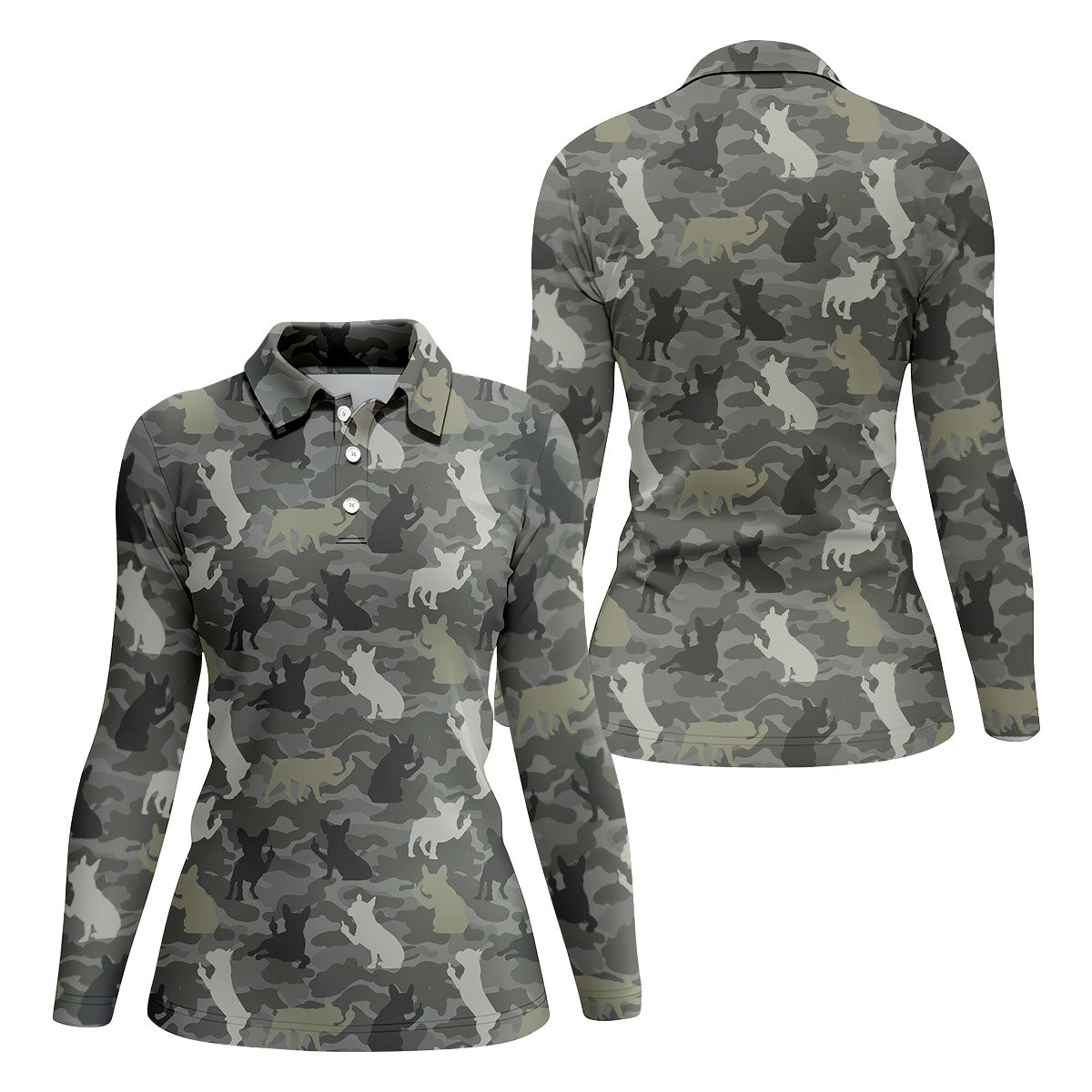 Grey Camo French Bulldog Pattern Golf Shirt, Women's Golf Shirt, Golf Polo For Women, Golf Shirts For Women