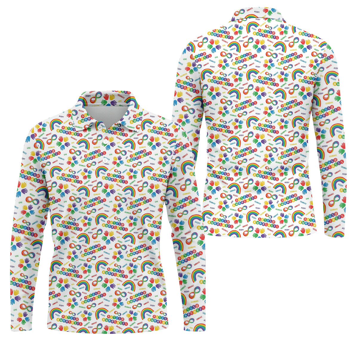Autism Awareness Rainbow Pattern Colorful Handprints White Golf Shirt, Polo ShirtFor Men