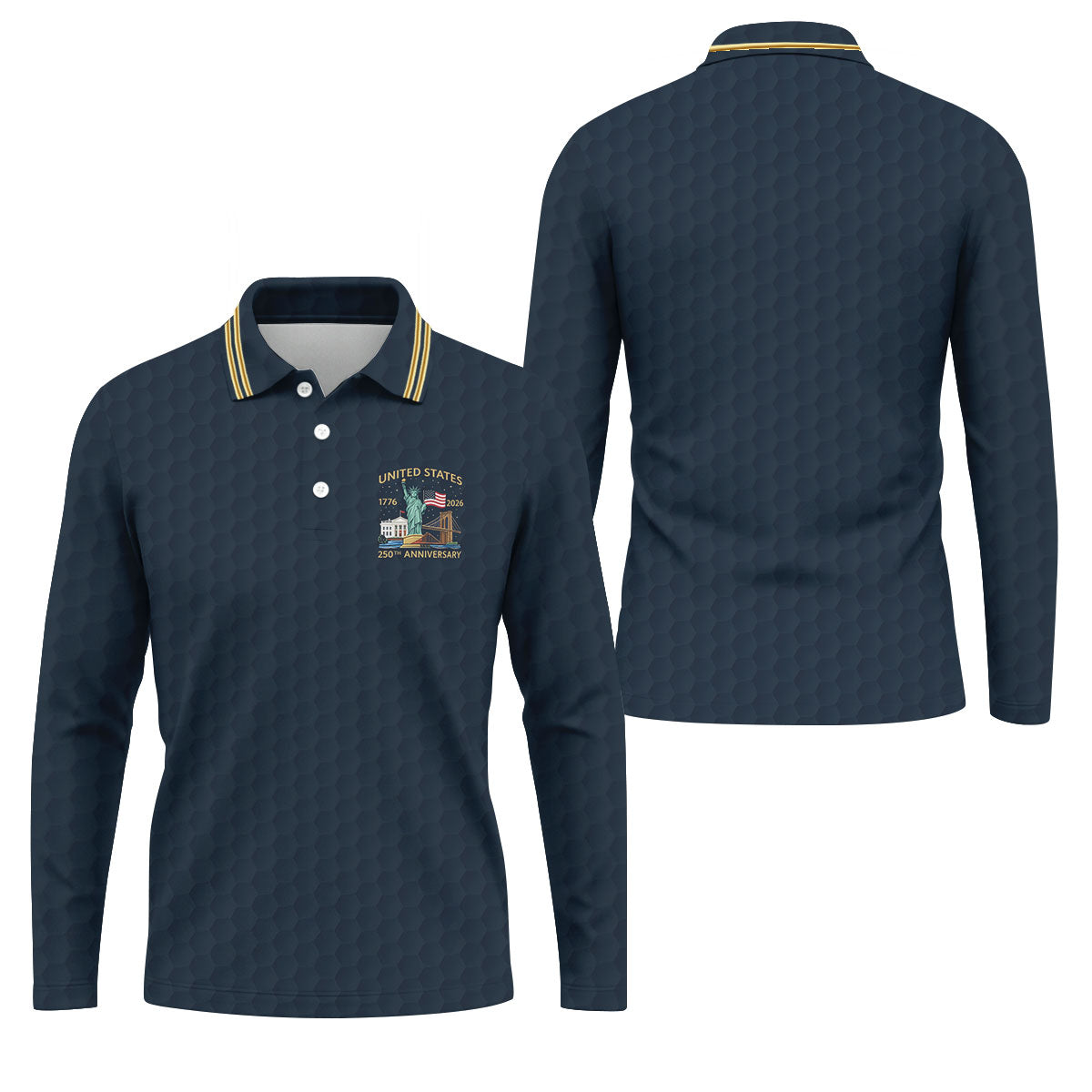 United States 250th Anniversary Golf Ball Pattern Navy Golf Shirt, 4th Of July Patriotic Golf Shirts For Men