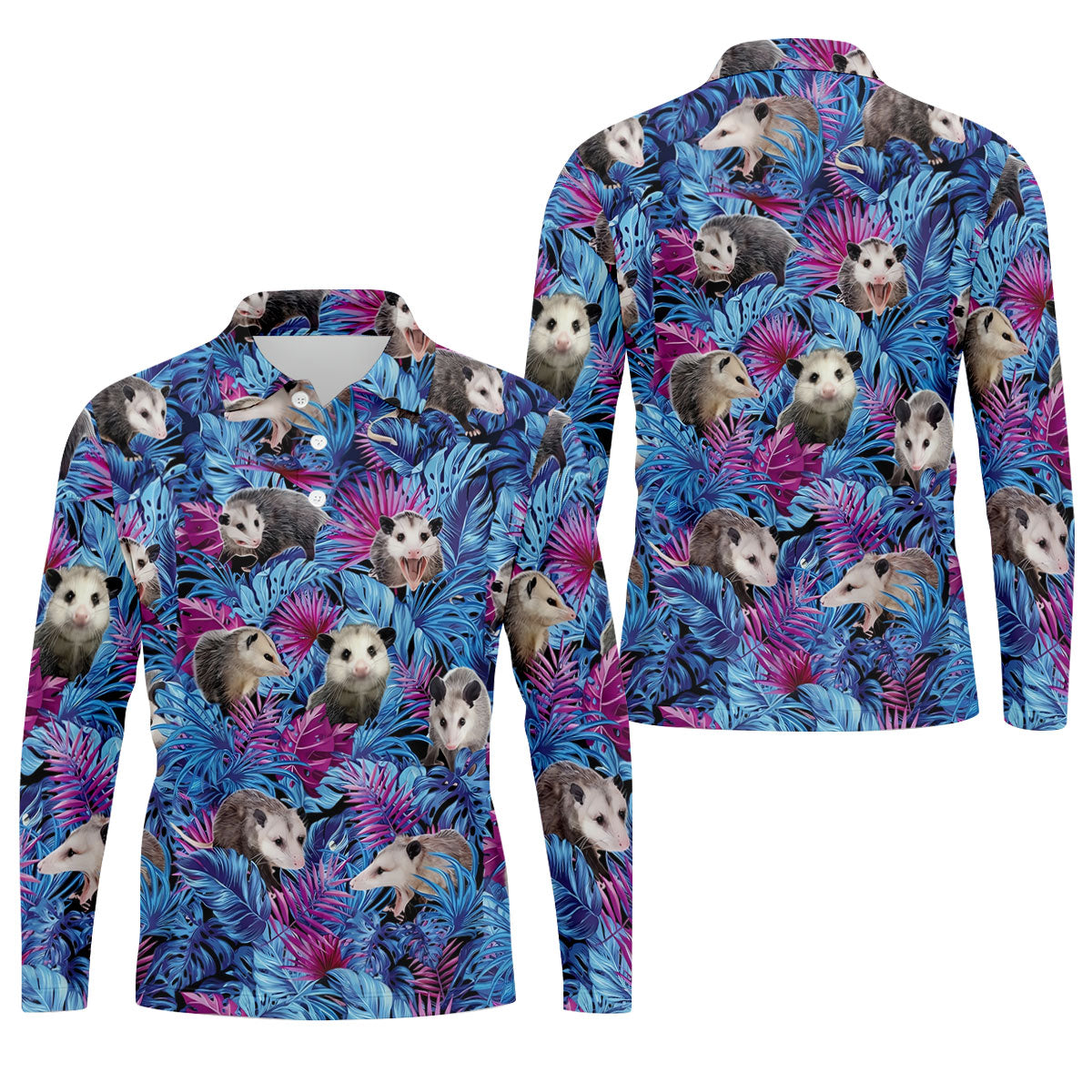 Funny Opossum Blue Purple Hawaiian Golf Shirt, Tropical Theme Golf Shirts For Men