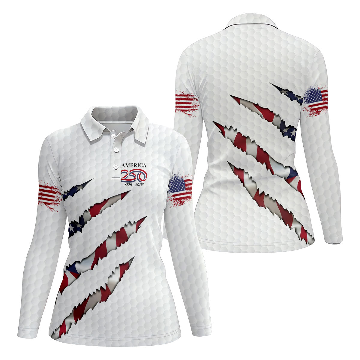 America 250 1776-2026 Scratched Flag Golf Ball Pattern White Golf Shirt, Patriotic 4th Of July Golf Shirt For Women